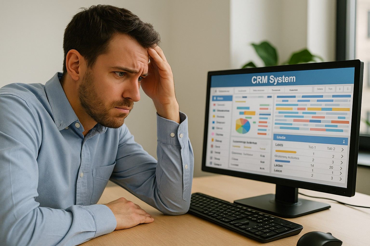 A frustrated man at his desk looking at a CRM system screen