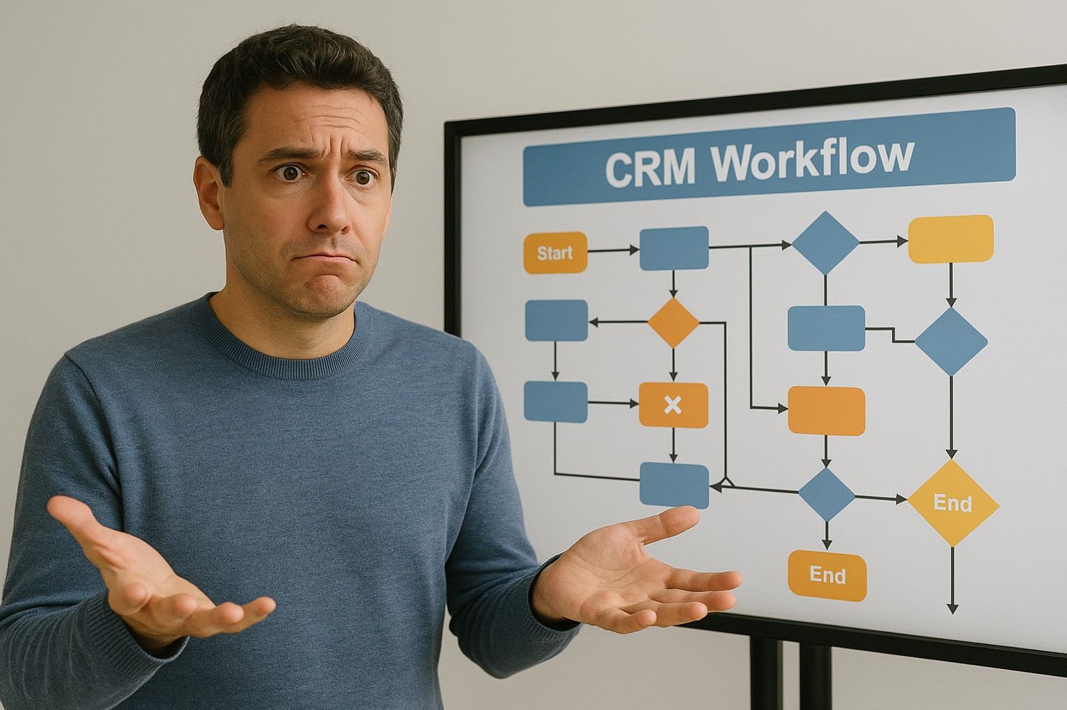 A confused man in front of a tangled CRM workflow diagram