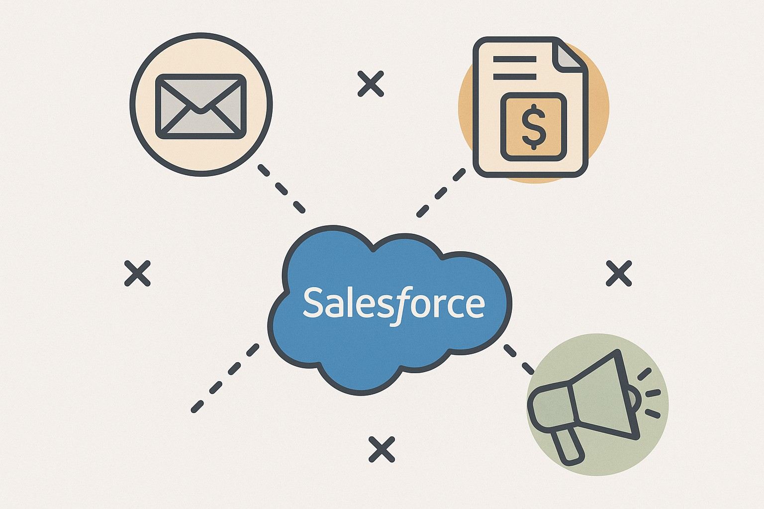 Diagram of Salesforce disconnected from email, finance, and marketing tools