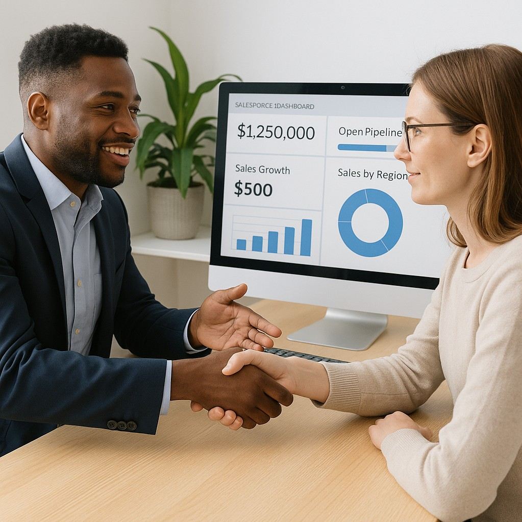 Two people shaking hands in front of a sales dashboard, linking to our contact page