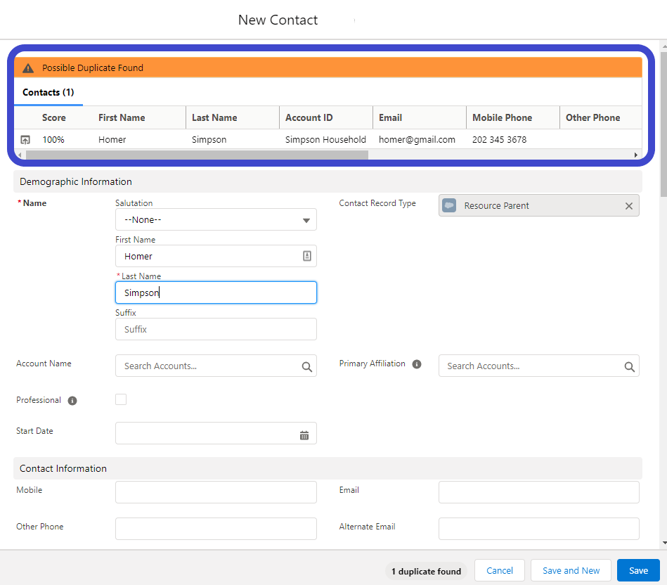 New contact form in Salesforce showing a possible duplicate warning as the user types