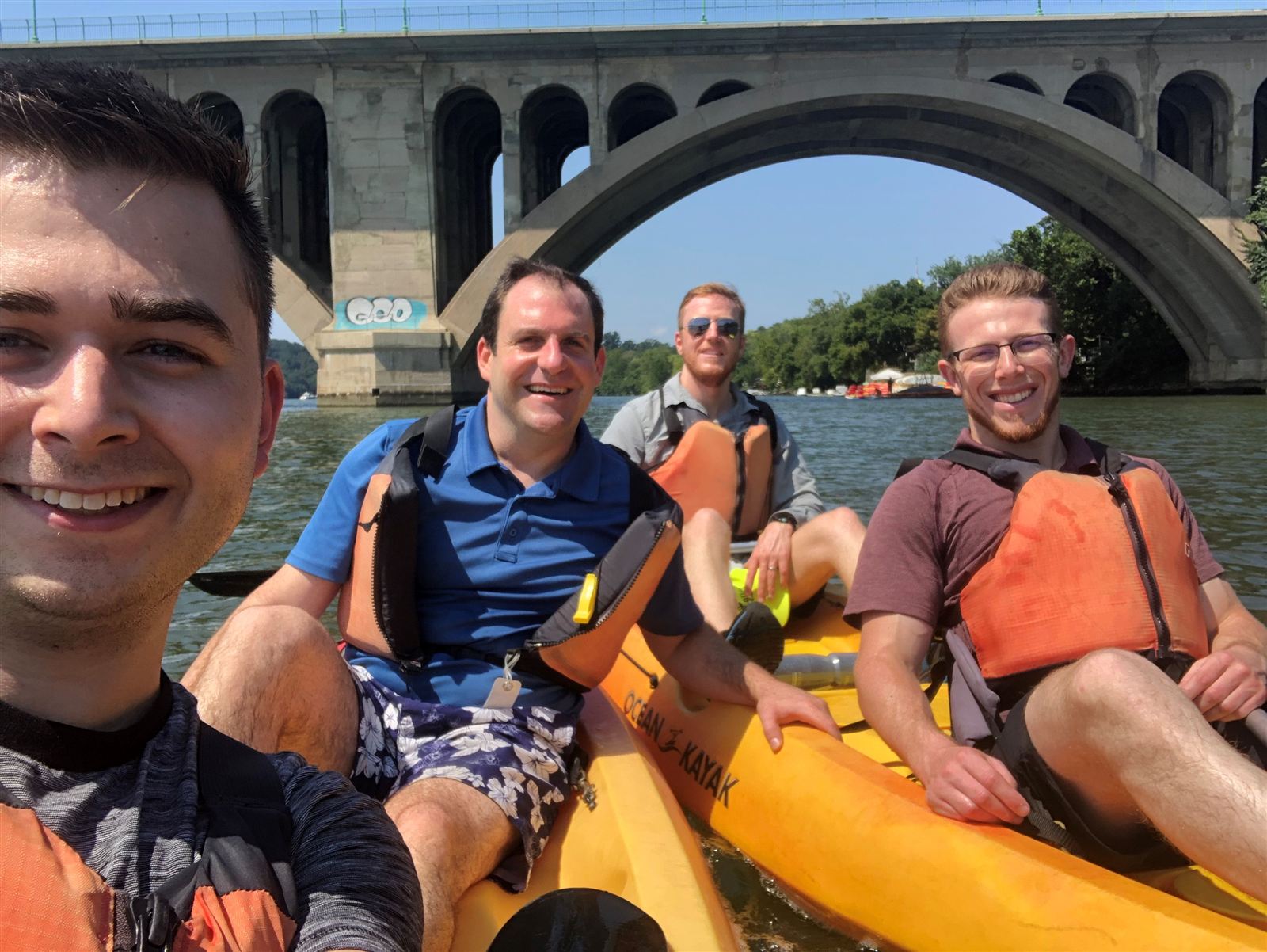 The Blue Engine team kayaking on the Potomac River in Washington, DC